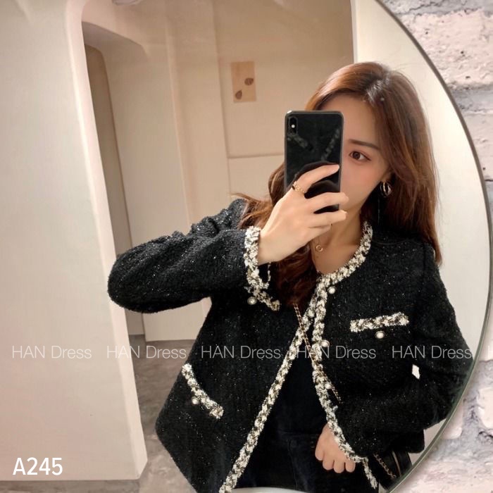 Áo khoác dạ tweet dày dặn màu đen khoác ngoài viền trắng đính kim tuyến tiểu thư cardigan hàng Quảng Châu cao cấp A245