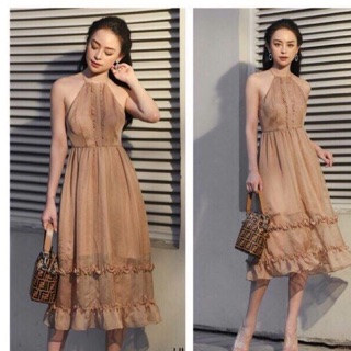 Váy cổ yếm xoè tơ lụa