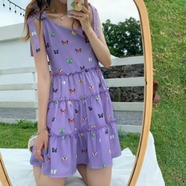 Váy tím hoạ tiết diện hè in hình bướm ulzzang