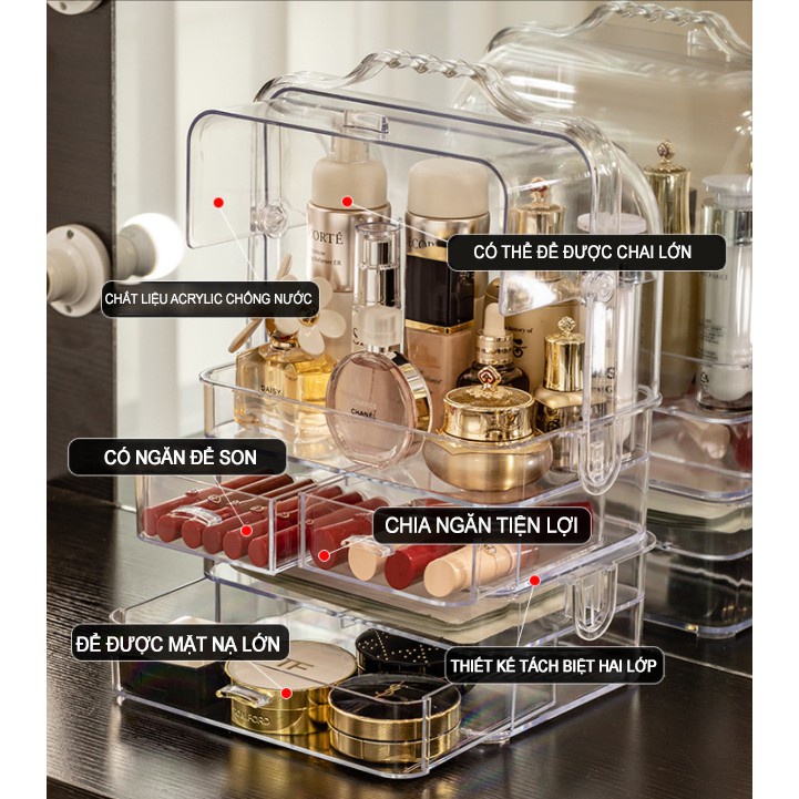 Hộp lưu trữ mỹ phẩm Hộp lưu trữ chống bụi để bàn Loại ngăn kéo acrylic Hộp đựng đồ trang điểm trong suốt+ 3 ngăn kéo