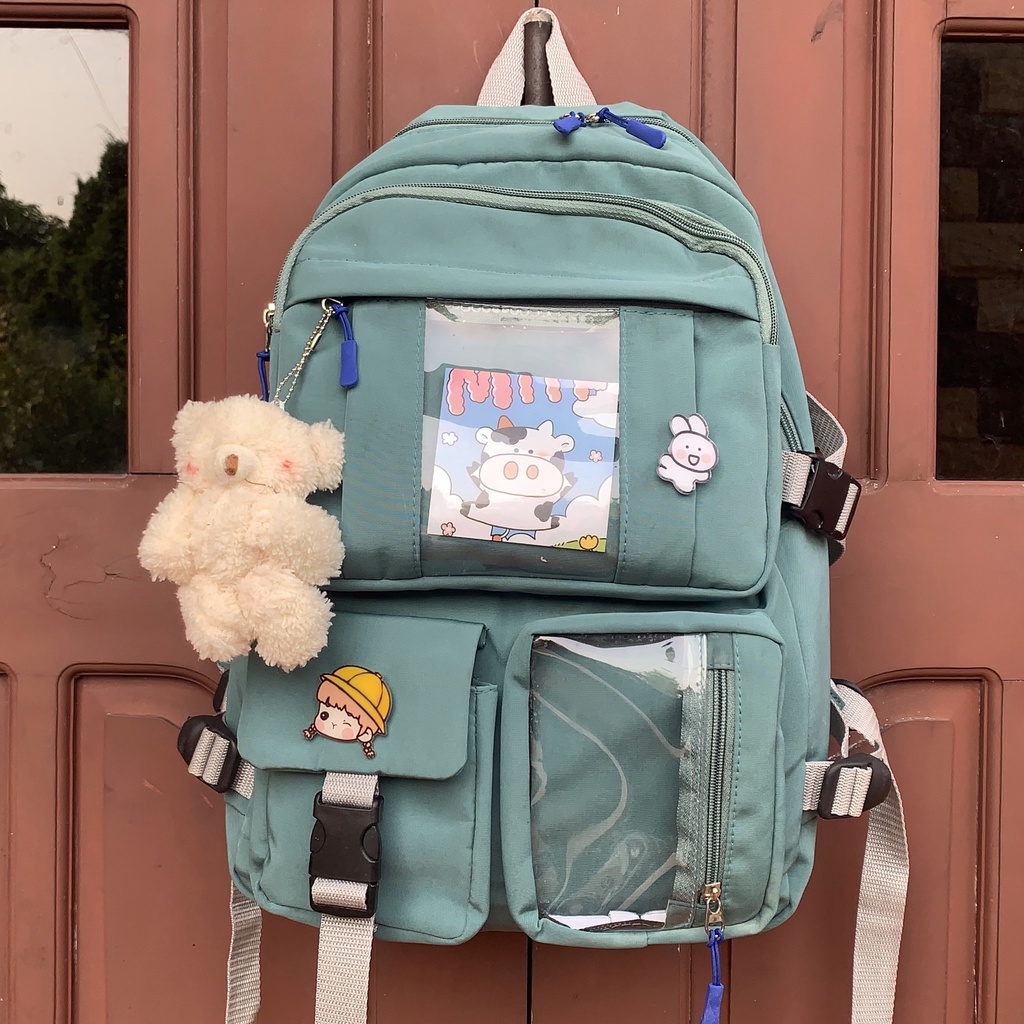 Balo đi học thời trang ULZZANG chống nước nhiều ngăn đựng laptop, đi chơi, du lịch tặng kèm gấu và sticker ngẫu nhiên
