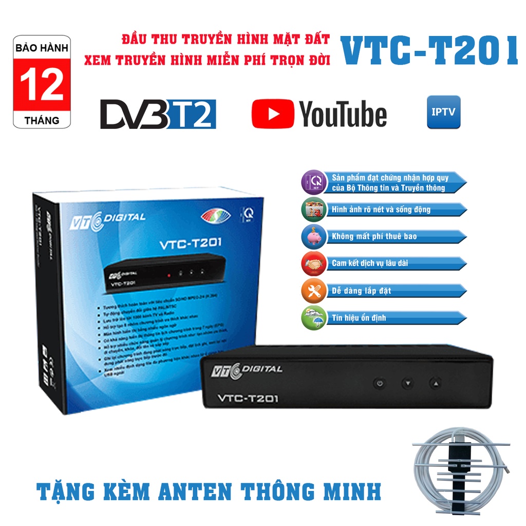 Đầu thu kỹ thuật số DVB T2 VTC-HD T201 xem truyền hình miễn phí trọn đời (hàng nhập khẩu)