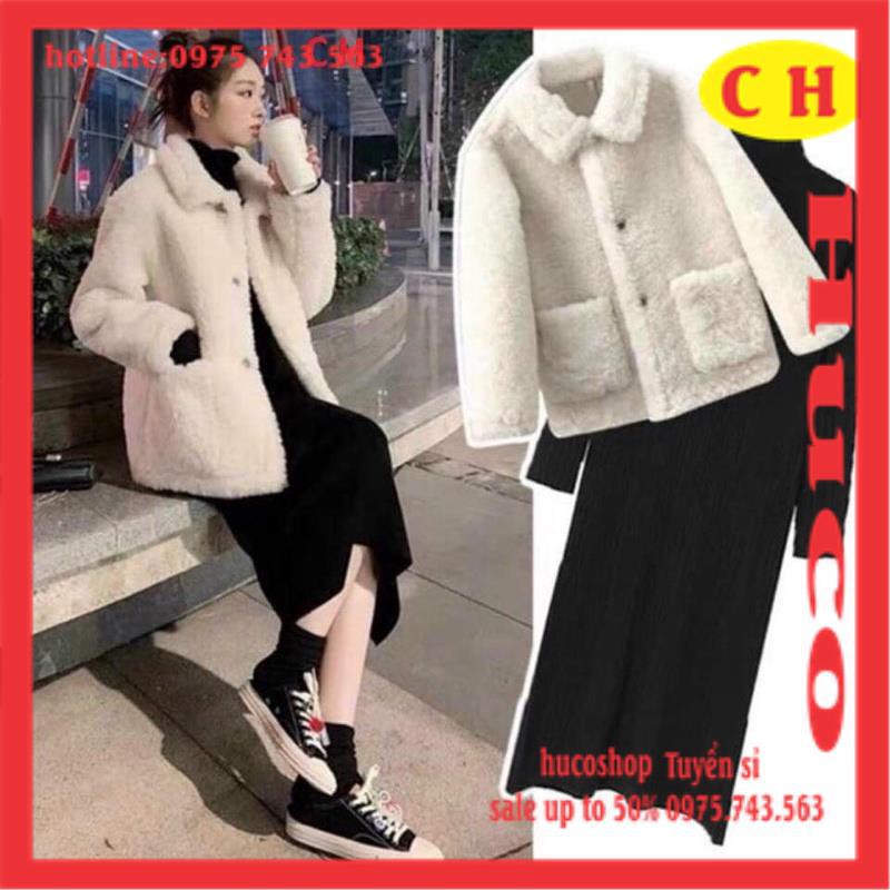 [ẢNH THẬT] Sét váy quảng châu - áo khoác lông cổ bẻ hai túi có cúc mix váy lên body cổ lọ chất bozip dày dặn Thu đông