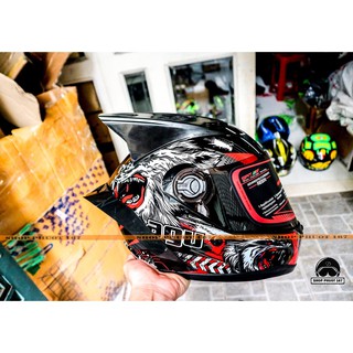 [ FREE SHIP ] Nón bảo hiểm FF AGU Tem RACING Đỏ, kèm đuôi gió và tai rùa ( BẢO HÀNH 12 THÁNG)