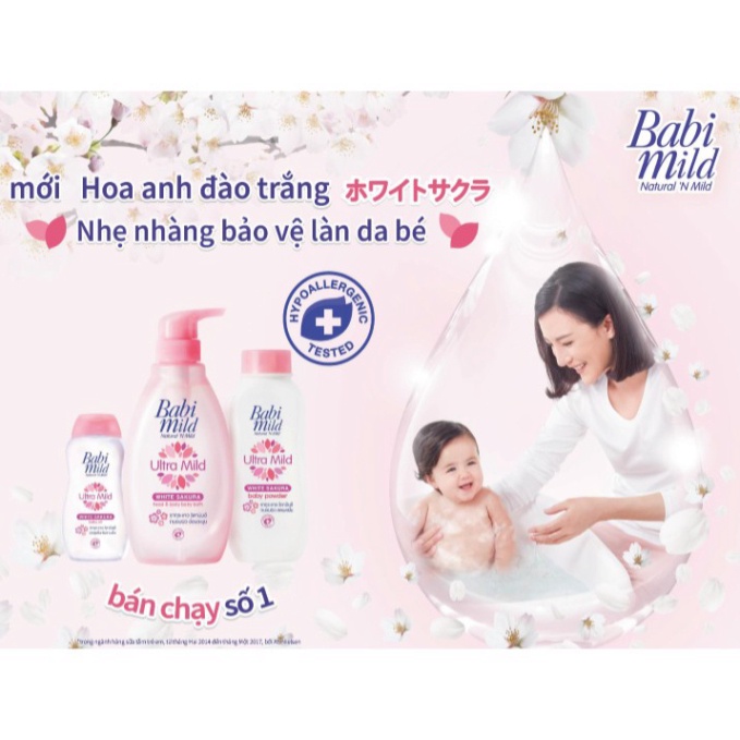 Sữa tắm trẻ em Babi Mild - White Sakura chai 850ml + Tặng Phấn Thơm Trẻ Em White Sakura 180g