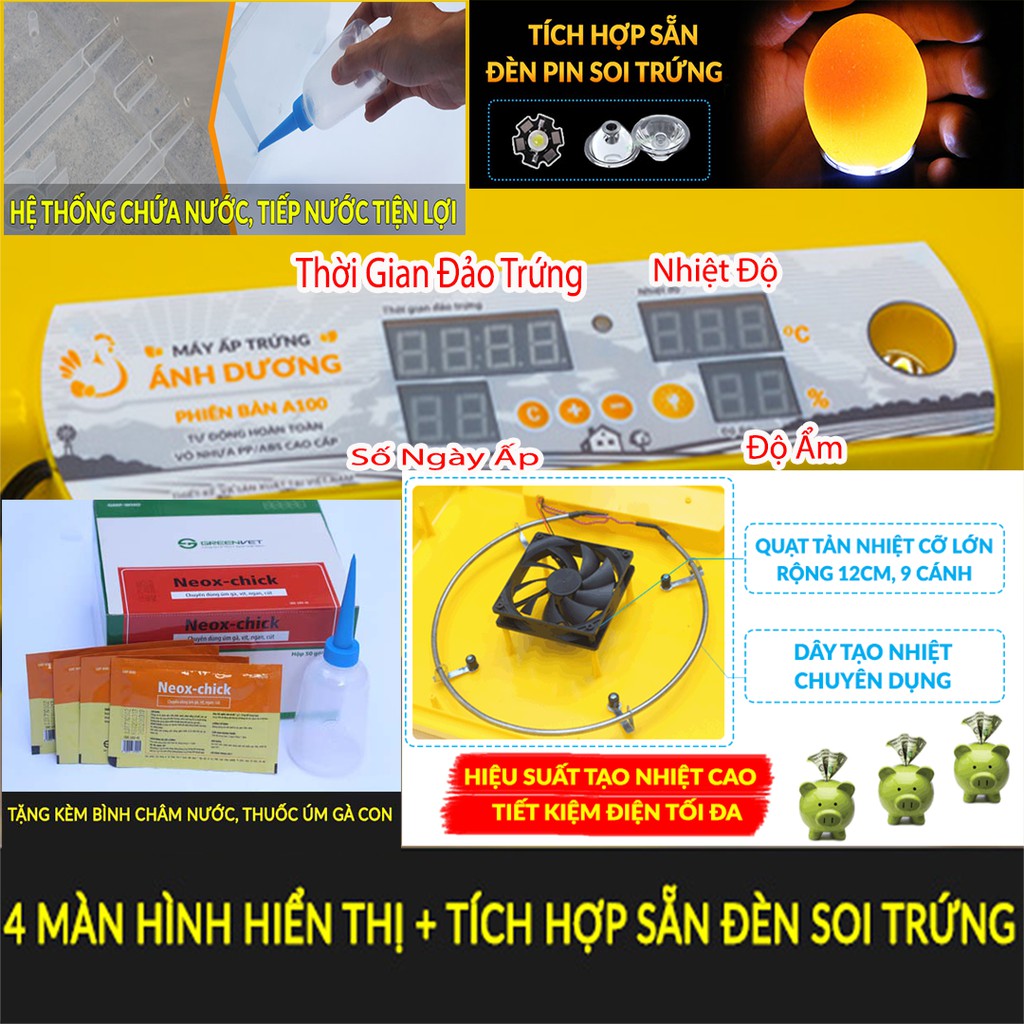 Máy ấp trứng Mini Ánh Dương A100 - 54Trứng Khay Nhựa - Lắp Ráp Sẵn + Tặng kèm gói úm, Bình châm nước