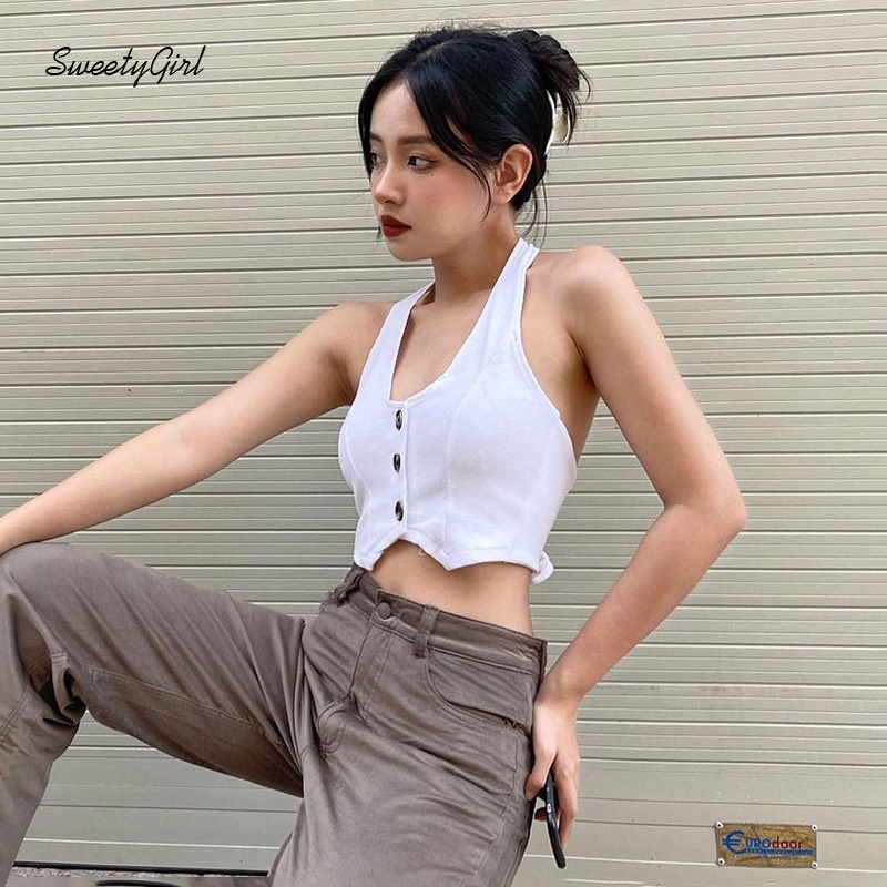 Áo Hai Dây Vải Cotton Ôm Dáng Hở Lưng Phối Hàng Nút Màu Trơn Thời Trang Cho Bạn Gái