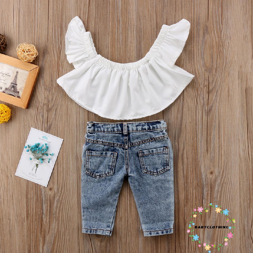 Set áo thun trễ vai kèm quần denim dài đáng yêu cho bé