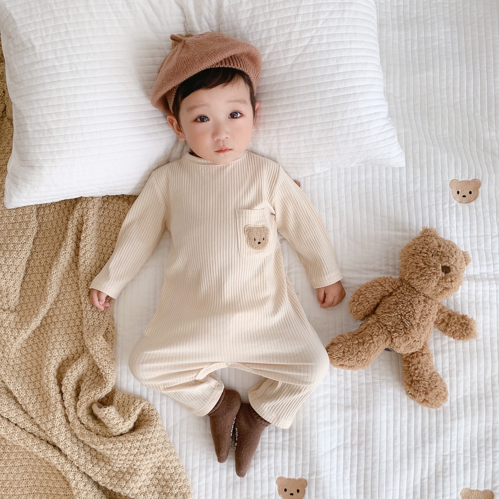 Áo Liền Quần Ngủ Liền Thân Hình Gấu Thời Trang Xuân Thu Cho Bé Sơ Sinh