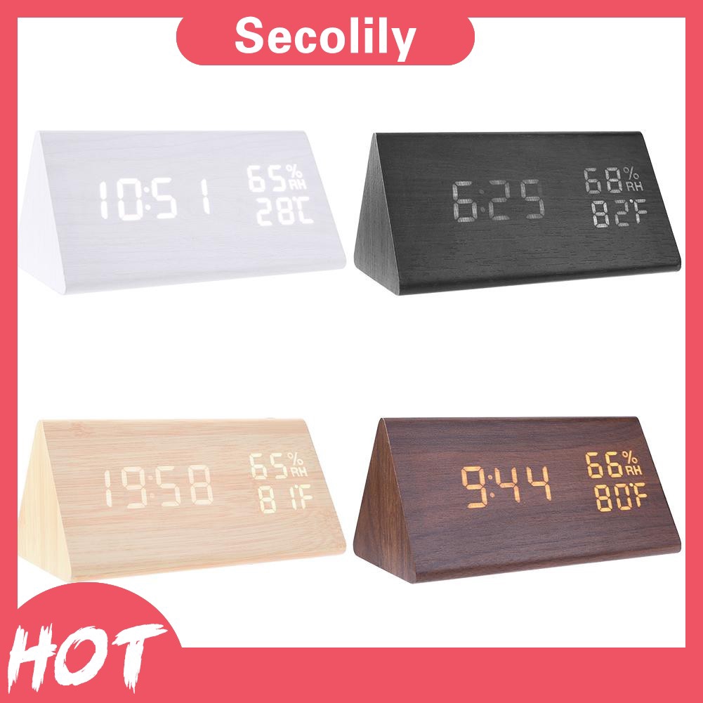 USB Wood LED Sound Control Alarm Clock Thermometer Timer Calendar Display