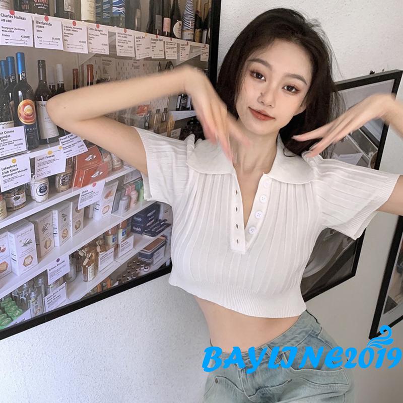 Áo Thun Ngắn Tay Cổ Bẻ Cài Nút Cổ Bẻ Màu Trơn Cho Nữ