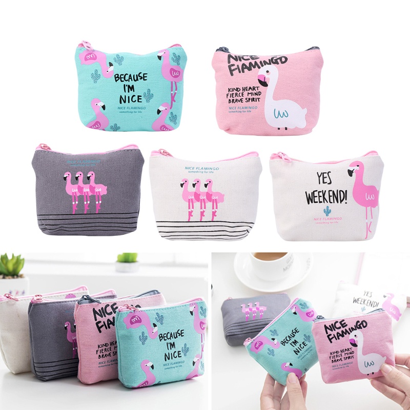 Ví Đựng Tiền Xu Chất Liệu Canvas Họa Tiết Hồng Hạc Dễ Thương Thời Trang 2017 Cho Nữ