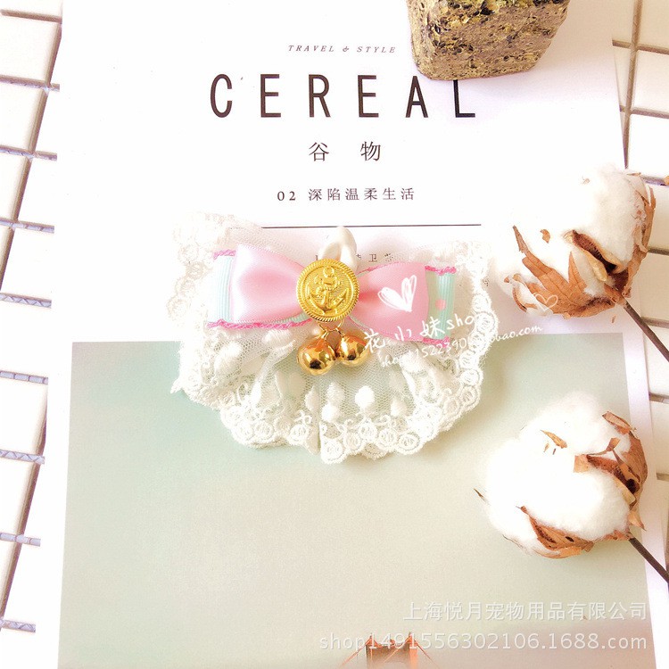 Vòng đeo cổ chó mèo nơ hồng ren có gắn chuông cho thú cưng