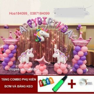 Sét bóng trang trí sinh Nhật bé gái mẫu ngựa kỳ lân pony tặng kèm bơm, keo, dây duy băng cột bóng