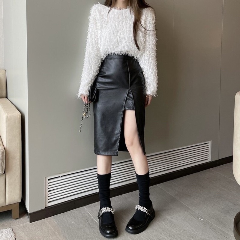 Set áo lông + chân váy da