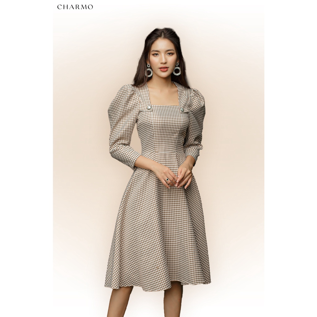 Đầm cổ vuông thiết kế CHARMO tay dài form dáng xòe chất cotton bố ít nhăn Button Square Dress