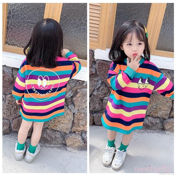 Đầm dài tay kẻ sọc phối họa tiết đôi mắt phong cách Hàn Quốc cho bé