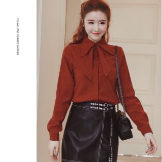 Áo sơ mi nữ da lộn phối nơ cổ HÌNH THẬT