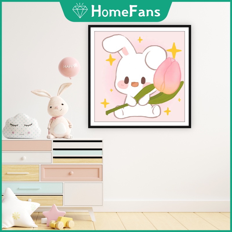 Tranh Đính Đá 5D Tự Làm Hình Thỏ Dễ Thương 40x40cm Trang Trí Nhà Cửa