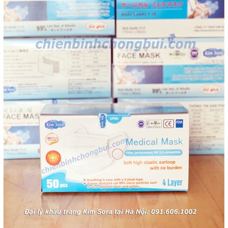 Hộp 50 chiếc khẩu trang y tế Kim sora 4 lớp màu trắng ISO 9001-2015 hàng chính hãng