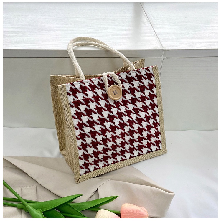 Túi Đựng Cơm Trưa Bằng Vải Lanh Họa Tiết Houndstooth Đơn Giản Thời Trang Mùa Thu Dành Cho Nữ