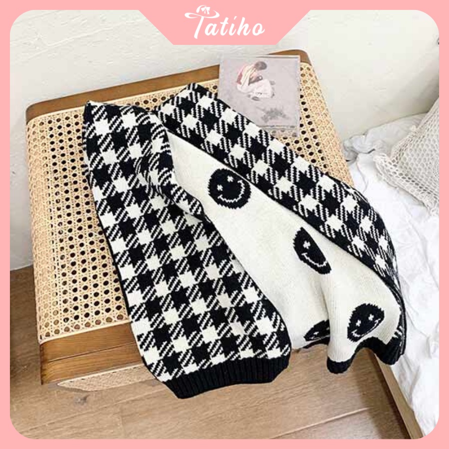 Khăn len quàng cổ unisex, khăn cashmere len dày họa tiết caro phối mặt cười dễ thương phong cách Hàn - 40x190cm - KLN17