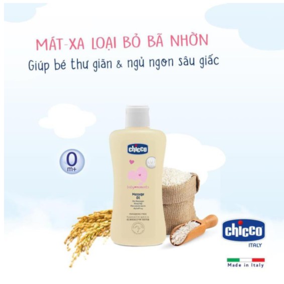 Dầu mát-xa chiết xuất hạt bông 0M+ Chicco 200ml