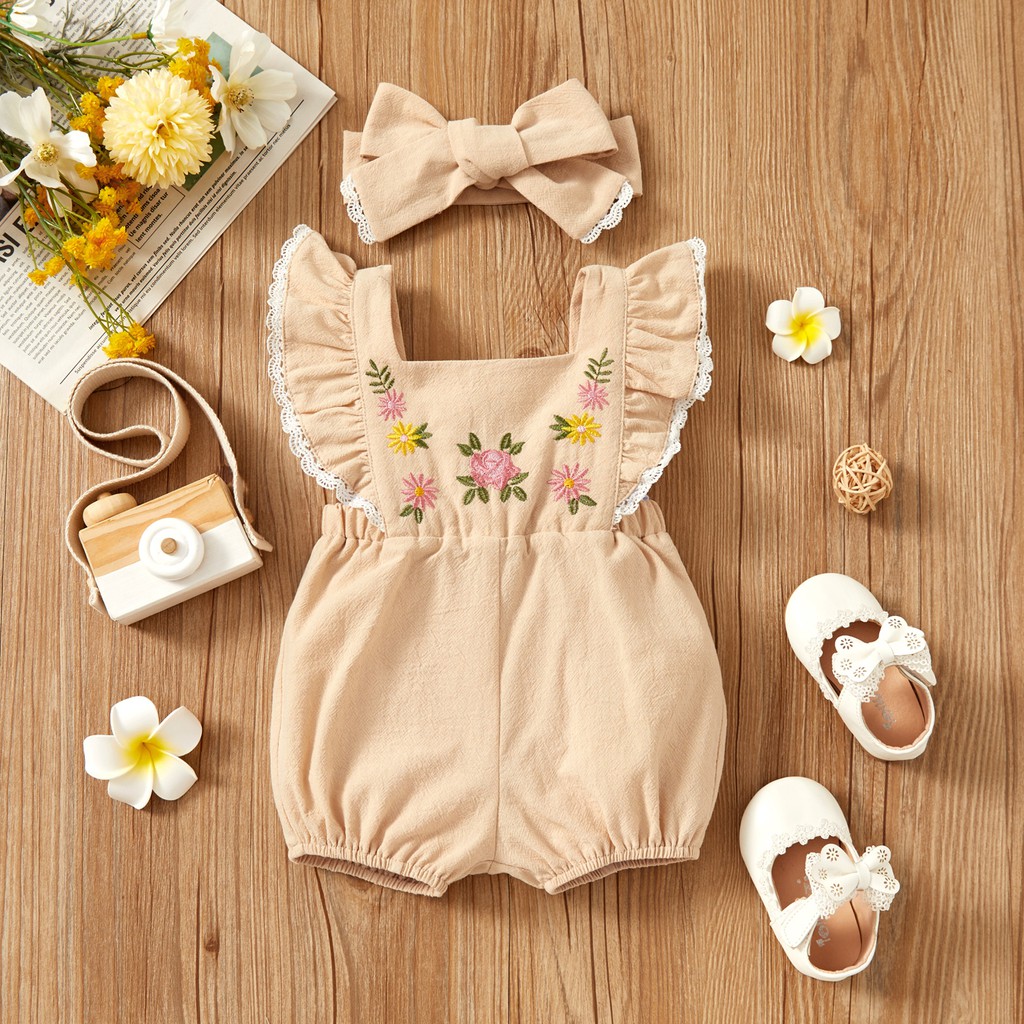 Bộ Bodysuit Không Tay Thêu Hoa Kèm Băng Đô