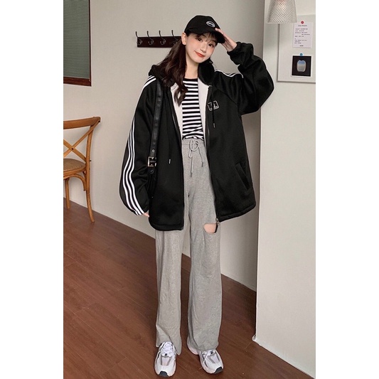 Áo khoác nỉ thể thao 3 sọc form rộng - Áo hoodie zip nỉ bông ullzang 3 màu