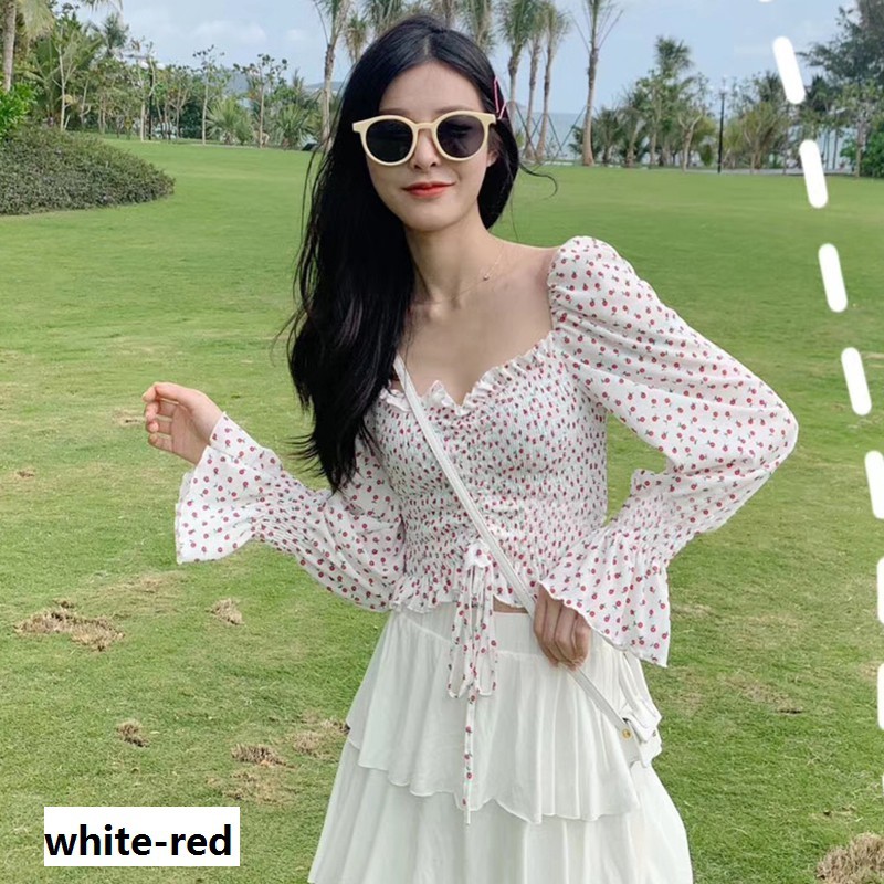 Áo Croptop Áo Kiểu Áo Hoa Cổ Vuông Phong Cách Ngọt Ngào Gợi Cảm Cho Nữ