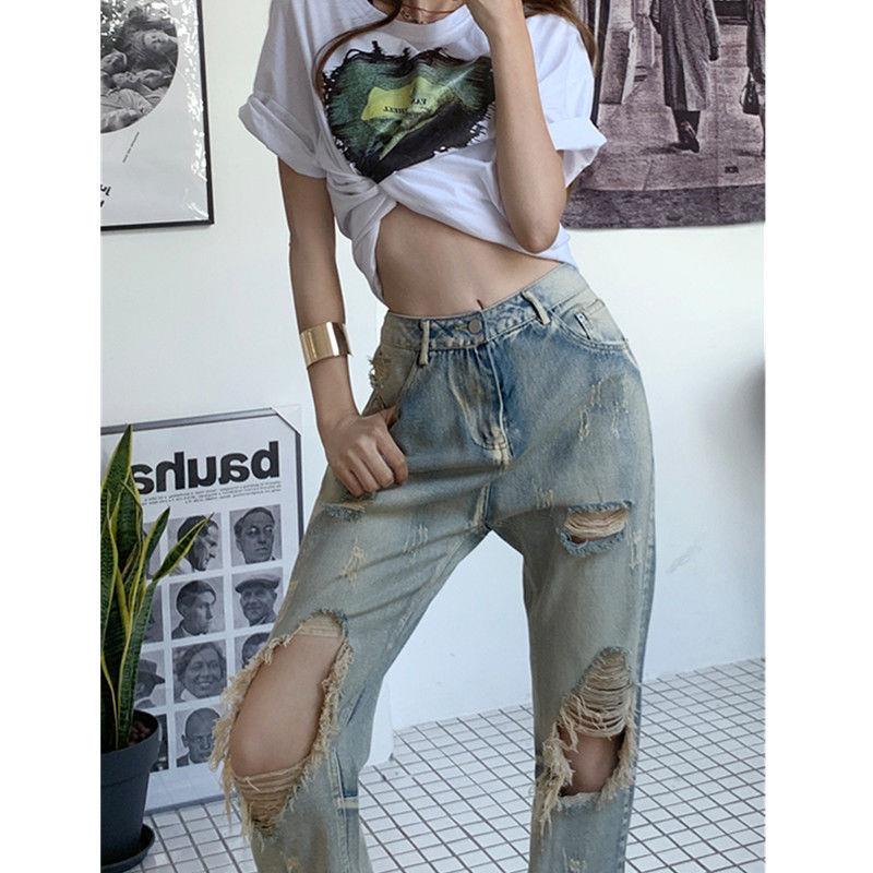 Quần Jeans Dài Lưng Cao Ống Suông Phối Rách Phong Cách Hip Hop Đường Phố Cá Tính Cho Nữ