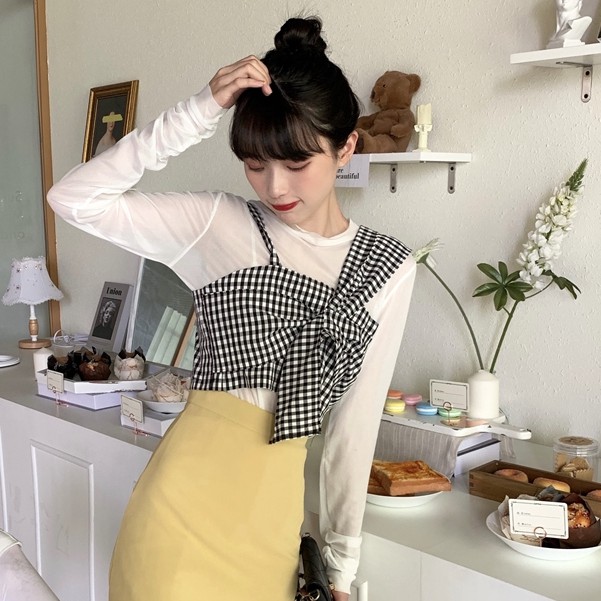 SUXI Korean Fashionable Mesh Long Sleeve Shirt + Plaid Shirt