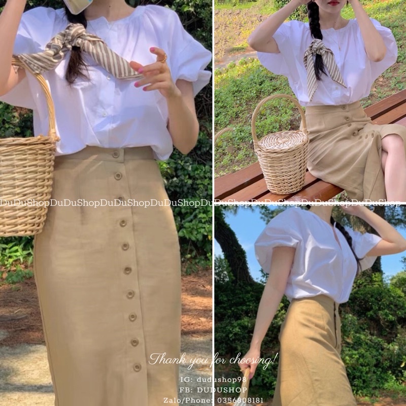 Set áo sơ mi tay bồng mix chân váy kaki nâu be dài tiểu thư