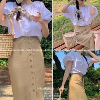 Set áo sơ mi tay bồng mix chân váy kaki nâu be dài tiểu thư