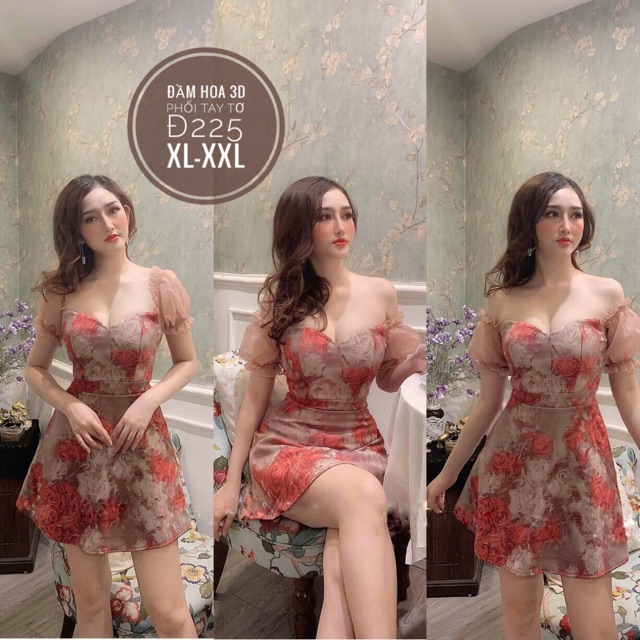 Đầm Hoa 3D Phối Tay Nude Bigsize (Có Ảnh Thật)