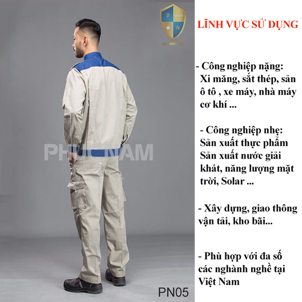 Quần áo bảo hộ lao động P05, quần áo bảo hộ lao động chất lượng tốt, quần áo bảo hộ lao động vải pangrim, BHLĐ Phúc Nam