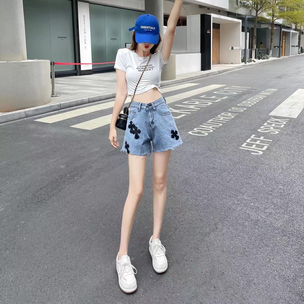 Quần Short Jeans Lưng Cao Ống Rộng In Họa Tiết Retro Thời Trang Cho Nữ