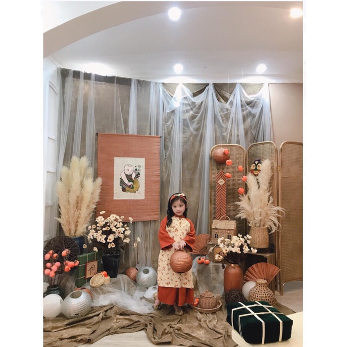 Set Áo Dài Cách Tân Cho Bé Trai Bé Gái Họa Tiết Hoa Nhí Màu Cam Đất Size Từ 8-28kg