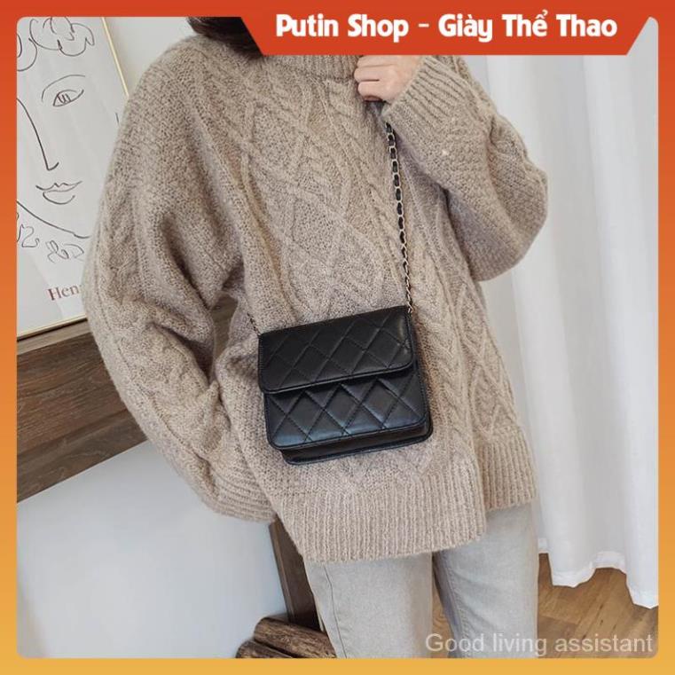 Túi xách đeo chéo phối dây xích phong cách Hàn quốc, Túi xách khoác vai caro các màu trắng kem đen xịn sò