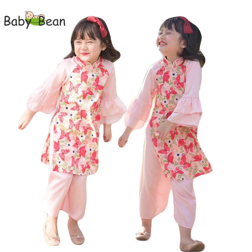 Bộ Áo Dài Cách Tân Bé Gái họa tiết Hoa Đào & Cánh Bướm BabyBean