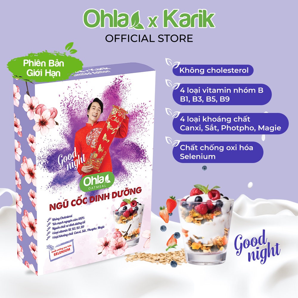 Ngũ cốc dinh dưỡng ăn tối Oatmeal Karik x Ohla yến mạch, hạnh nhân, trái cây sấy dẻo 60g và 180g