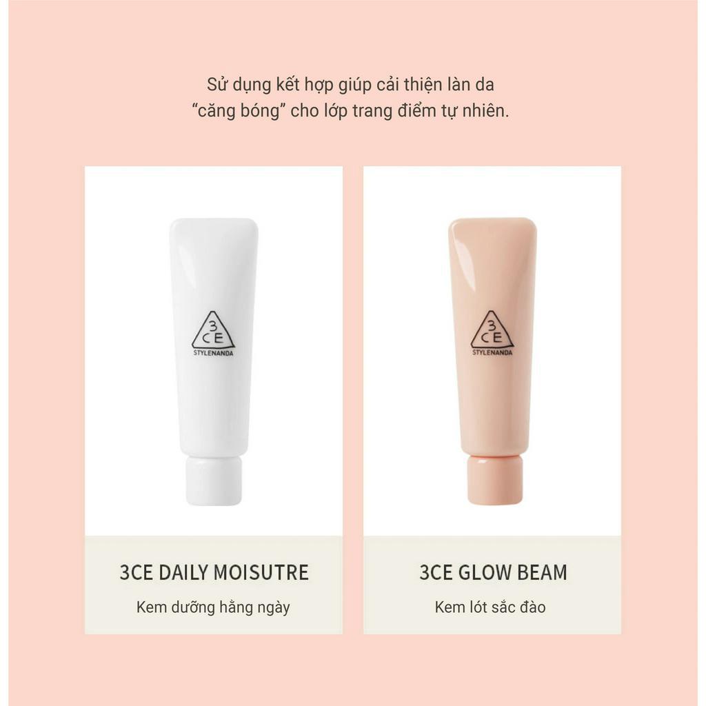 Kem Lót 3CE Back To Baby GLow Beam - Dưỡng Ẩm Căng Bóng 3CE Daily Moisture 45ml [Hồng - Trắng]