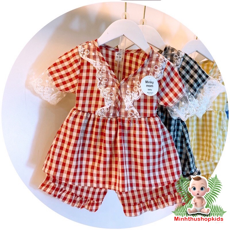 FREESHIP50K-QATE 278-Bộ kẻ caro phối ren Minky mom bé gái 8-25kg