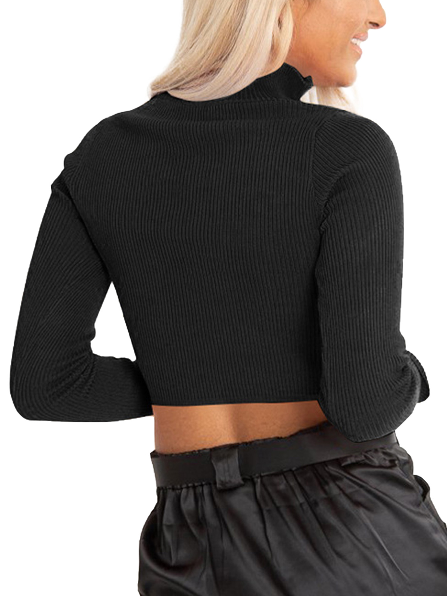 ✿-LZZ-✿-Women´s Rib Knit Crop Top Long Sleeve Stand Collar Zipper Front Slim Fit Solid Color Basic Tee Shirt