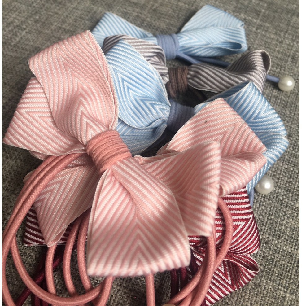 Dây buộc tóc cột tóc nơ vải sọc loại to cứng kèm hạt trai cho bạn gái