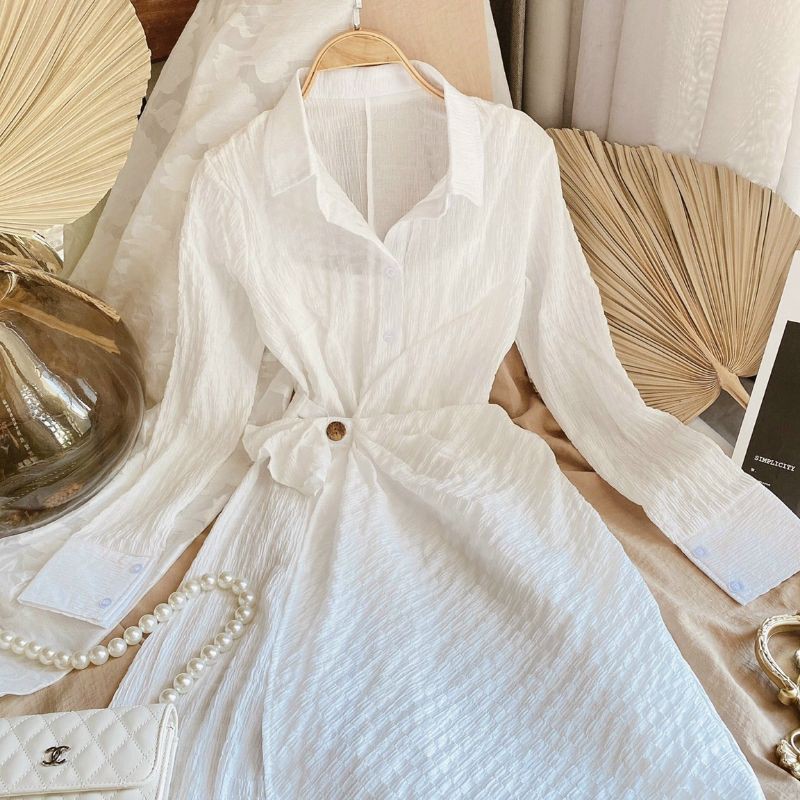 ĐẦM CỔ SƠMI TRẮNG CHÍT EO LỆCH TÀ🌸video thật shop quay D2205A