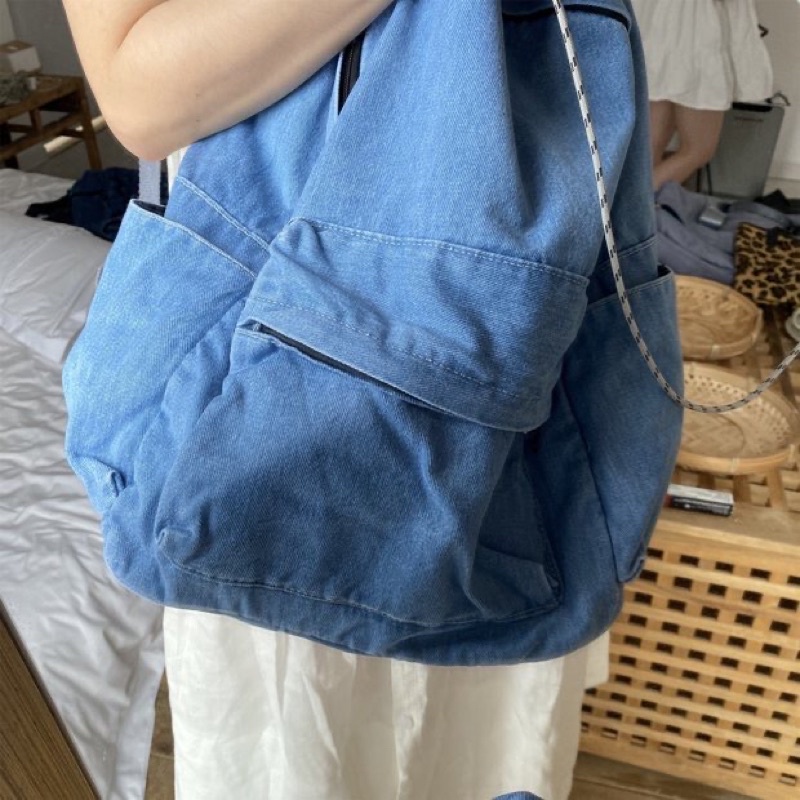 Balo màu jean trơn Basic chất Canvas mềm phong cách Ulzzang