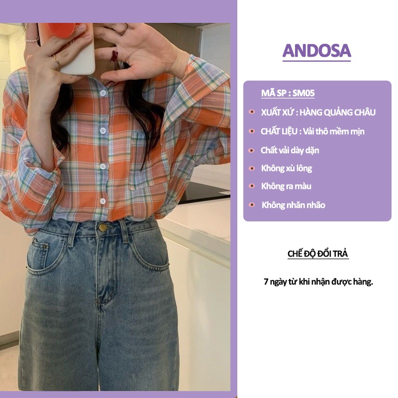 Áo sơ mi nữ kẻ sọc caro đẹp form rộng tay dài hàng Quảng Châu ANDOSA SM06