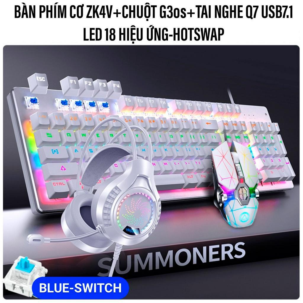 COMBO Bàn Phím Cơ Chuột Tai Nghe Có Dây YINOIAO ZZK4V+G3os+Q7 LED 18 Hiệu Ứng Hotswap Blue Black Switch Máy Tính :aptop