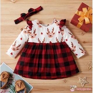 Bộ đầm tay dài họa tiết tuần lộc hoạt hình và băng đô phong cách Giáng Sinh dành cho bé gái